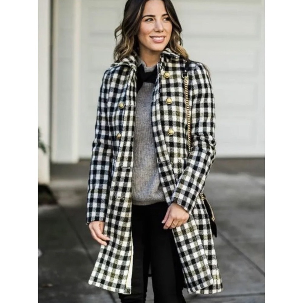 J.Crew Women Wool Buffalo Check Plaid Double Breasted Gold Button Coat Black - Picture 14 of 15